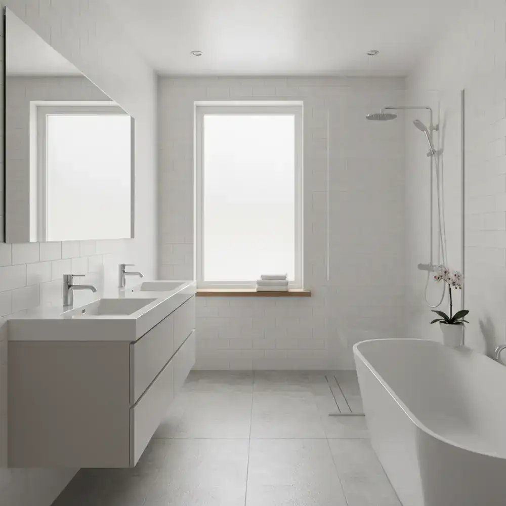 Spotless contemporary bathroom with gleaming fixtures