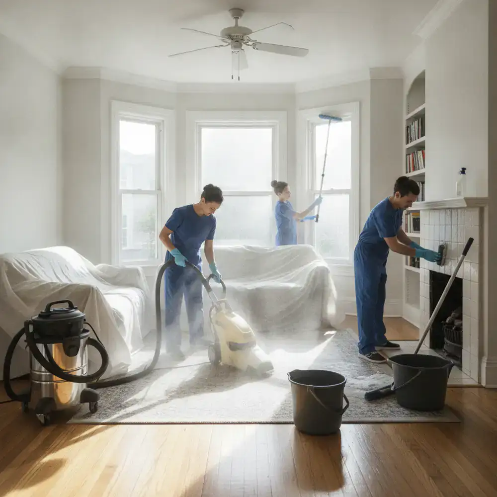 Professional deep cleaning crew at work in a living room