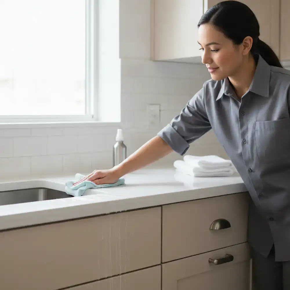 Team member carefully wiping down a kitchen counter and tile backsplash