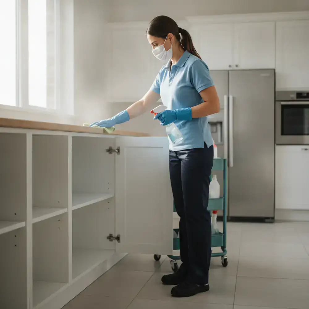 Professional cleaner sanitizing empty kitchen cabinets